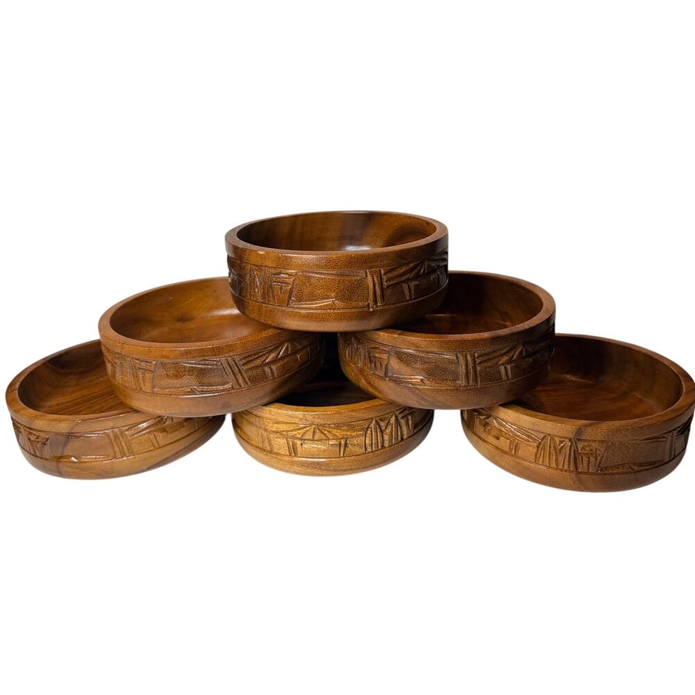 Lot Of 6 Vintage 1960’s Monkey Pod / Acacia Hand Carved Salad Snack Bowls